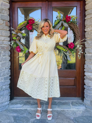 STRIPED EYELET BUTTON DOWN MIDI DRESS