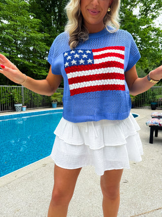 American Flag Open Stitch Sweater Top (BLUE)
