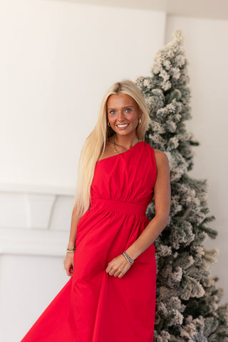 RED POPLIN ONE SHOULDER MAXI DRESS - MEET ME IN SANTORINI
