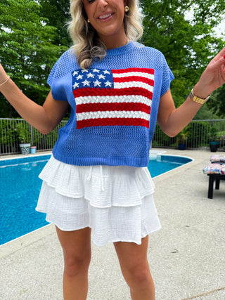 American Flag Open Stitch Sweater Top (BLUE)