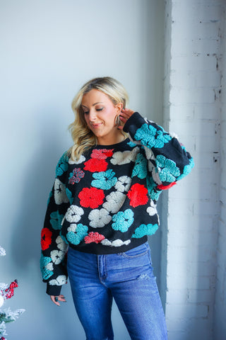 RELAXED FIT SHERPA FLORAL PATTERN CREWNECK SWEATER