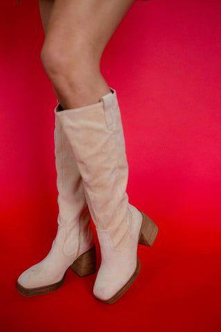SEMI-SQUARE TOE CHUBBY CURVED HEEL TALL BOOTS (BEIGE)