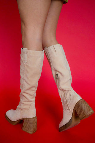 SEMI-SQUARE TOE CHUBBY CURVED HEEL TALL BOOTS (BEIGE)