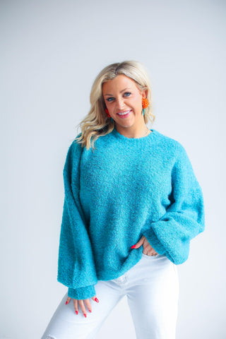 Solid Fuzzy Cozy Knit Sweater Top (Seafoam)