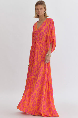 LEAF PRINT MAXI DRESS - HOT PINK