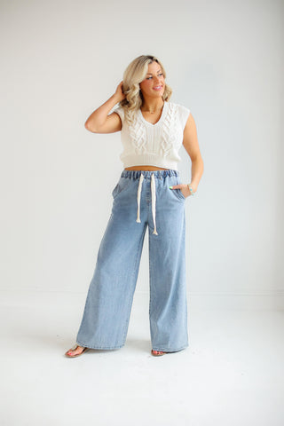 LIGHT WASH DENIM WIDE LEG PANTS