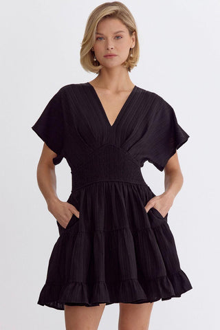 Textured V-Neck Short Sleeve Mini Dress (Black)