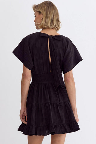 Textured V-Neck Short Sleeve Mini Dress (Black)