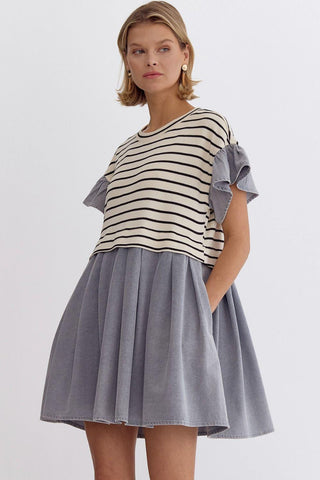 Short Sleeve Denim/Stripe Dress