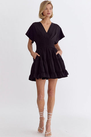 Textured V-Neck Short Sleeve Mini Dress (Black)