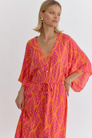 LEAF PRINT MAXI DRESS - HOT PINK