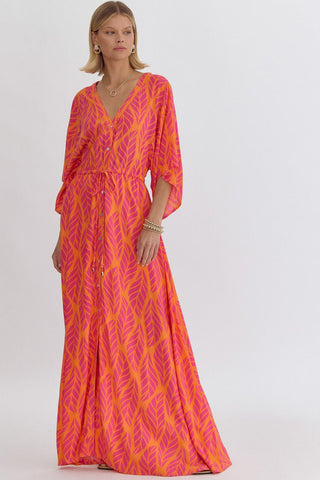 LEAF PRINT MAXI DRESS - HOT PINK