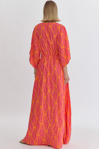 LEAF PRINT MAXI DRESS - HOT PINK