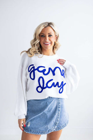 GAME DAY WHITE/BLUE SWEATER