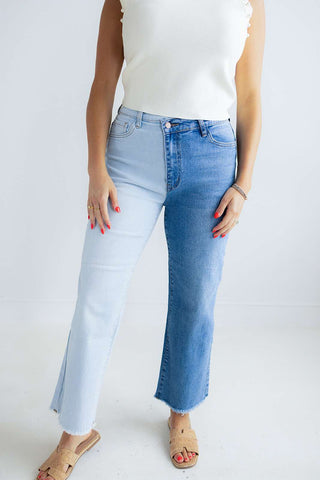 HIGH RISED COLOR BLOCK WIDE JEANS