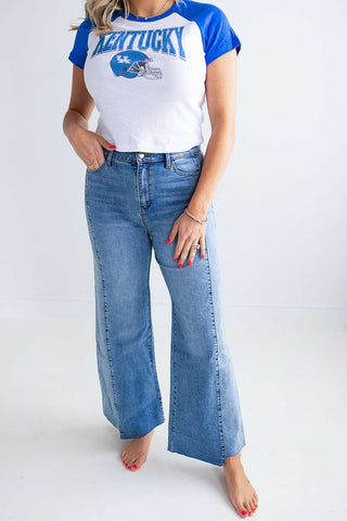 COLOR BLOCK RAW EDGE DENIM PANTS