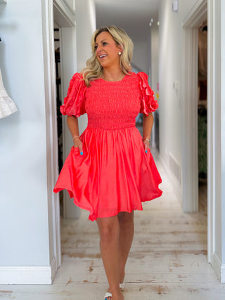 RUFFLED SMOCKED MINI DRESS