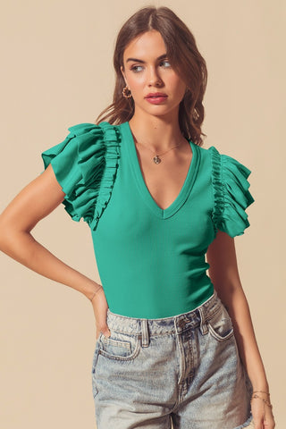 RIB KNIT (GREEN) RUFFLE BODYSUIT
