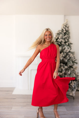 RED POPLIN ONE SHOULDER MAXI DRESS - MEET ME IN SANTORINI