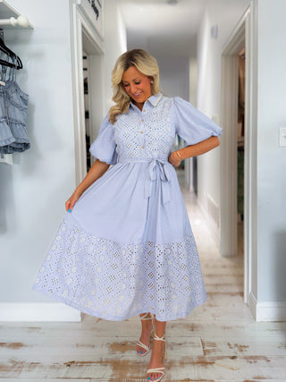 STRIPED EYELET BUTTON DOWN MIDI DRESS