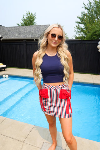 (SMALL-XL) BOW KNOT DENIM STRIPE SKIRT