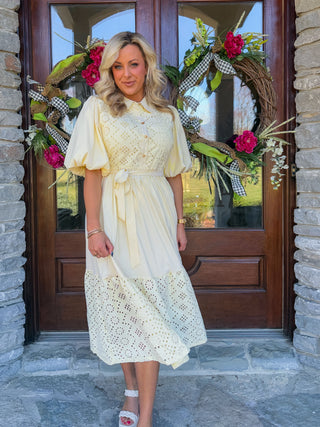 STRIPED EYELET BUTTON DOWN MIDI DRESS