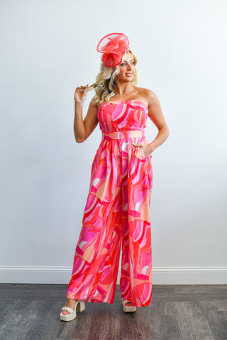 Printed Woven Strapless (Fuchsia) Jumpsuit