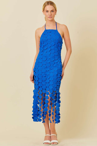 Circle Fringe Crochet flocking Midi Dress (Royal Blue)