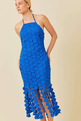 Circle Fringe Crochet flocking Midi Dress (Royal Blue)