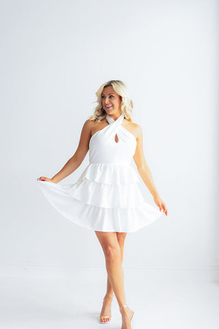 HALTER NECK TIERED MINI DRESS (White)