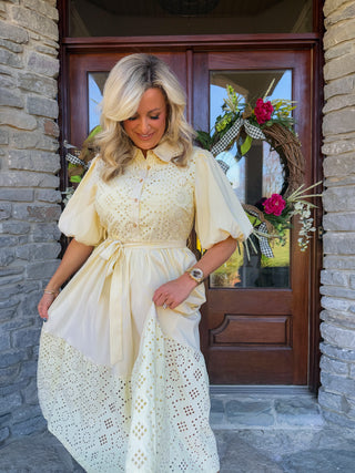 STRIPED EYELET BUTTON DOWN MIDI DRESS