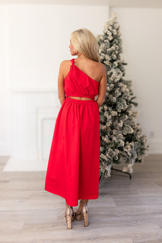 RED POPLIN ONE SHOULDER MAXI DRESS - MEET ME IN SANTORINI