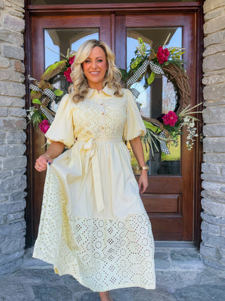 STRIPED EYELET BUTTON DOWN MIDI DRESS