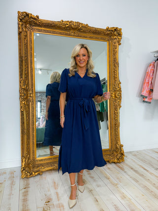 Gathered Detail V Neckline Side Slit Midi Dress (NAVY)