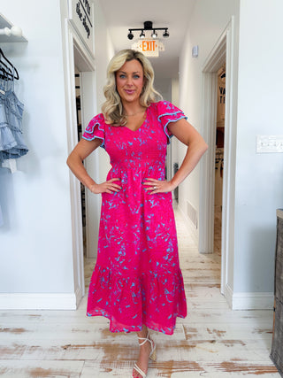 Delina Floral Patte Tiered Midi Dress
