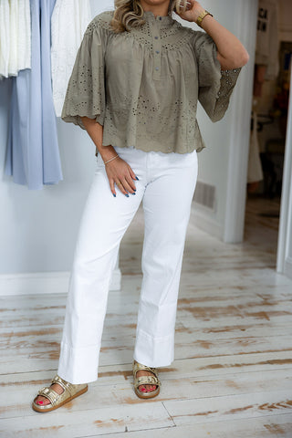 ELODIA NOVELTY TOP OLIVE BRANCH EMBROIDERY