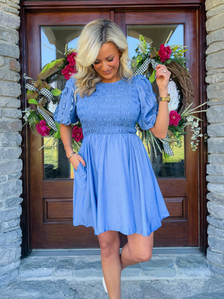 RUFFLED BUBBLE SLEEVE SMOCKED MINI DRESS
