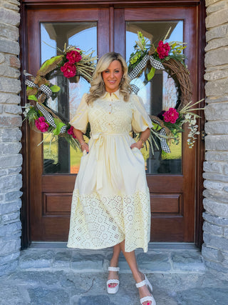 STRIPED EYELET BUTTON DOWN MIDI DRESS