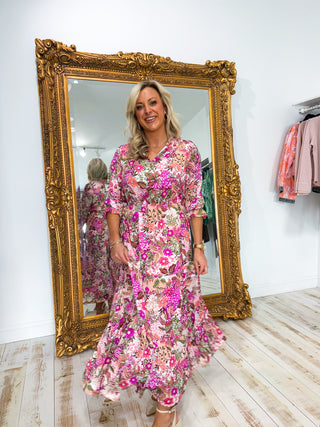 LONG SLEEVE PRINTED SPLIT NECK TIERED MAXI DRESS