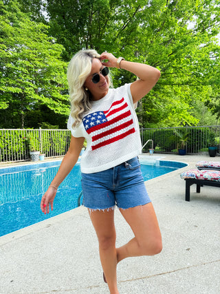 American Flag Open Stitch Sweater Top (WHITE)