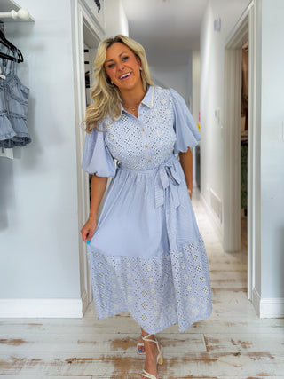 STRIPED EYELET BUTTON DOWN MIDI DRESS