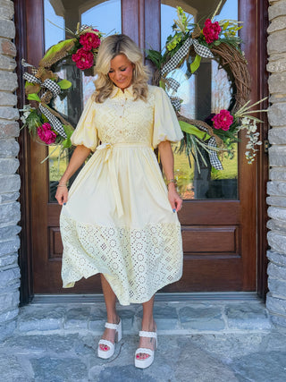 STRIPED EYELET BUTTON DOWN MIDI DRESS