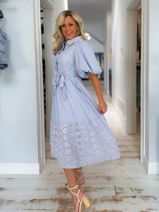 STRIPED EYELET BUTTON DOWN MIDI DRESS