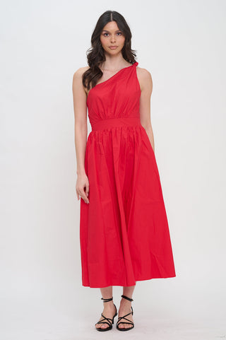 RED POPLIN ONE SHOULDER MAXI DRESS - MEET ME IN SANTORINI