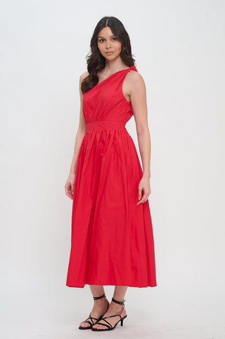RED POPLIN ONE SHOULDER MAXI DRESS - MEET ME IN SANTORINI