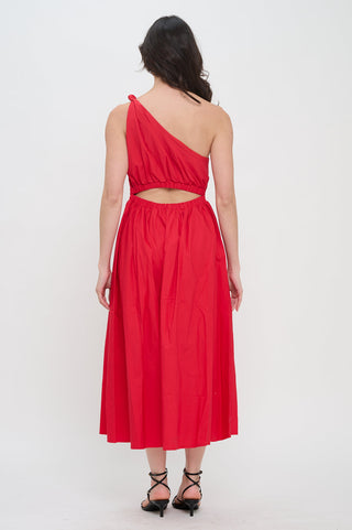 RED POPLIN ONE SHOULDER MAXI DRESS - MEET ME IN SANTORINI