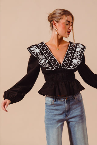 FLORAL EMBROIDERED RUFFLED PEPLUM TOP