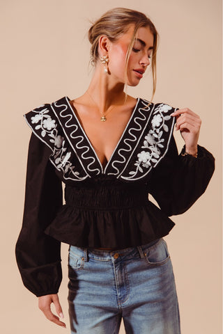 FLORAL EMBROIDERED RUFFLED PEPLUM TOP