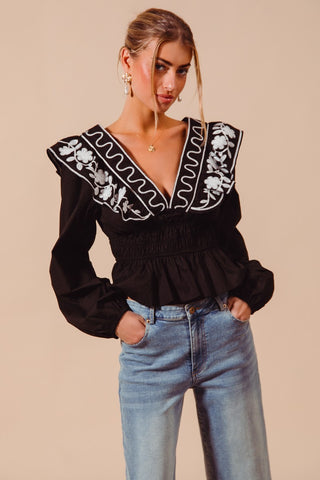 FLORAL EMBROIDERED RUFFLED PEPLUM TOP