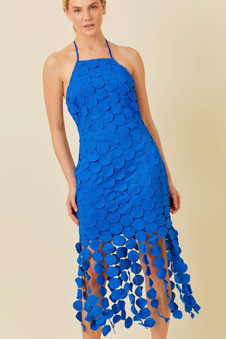 Circle Fringe Crochet flocking Midi Dress (Royal Blue)